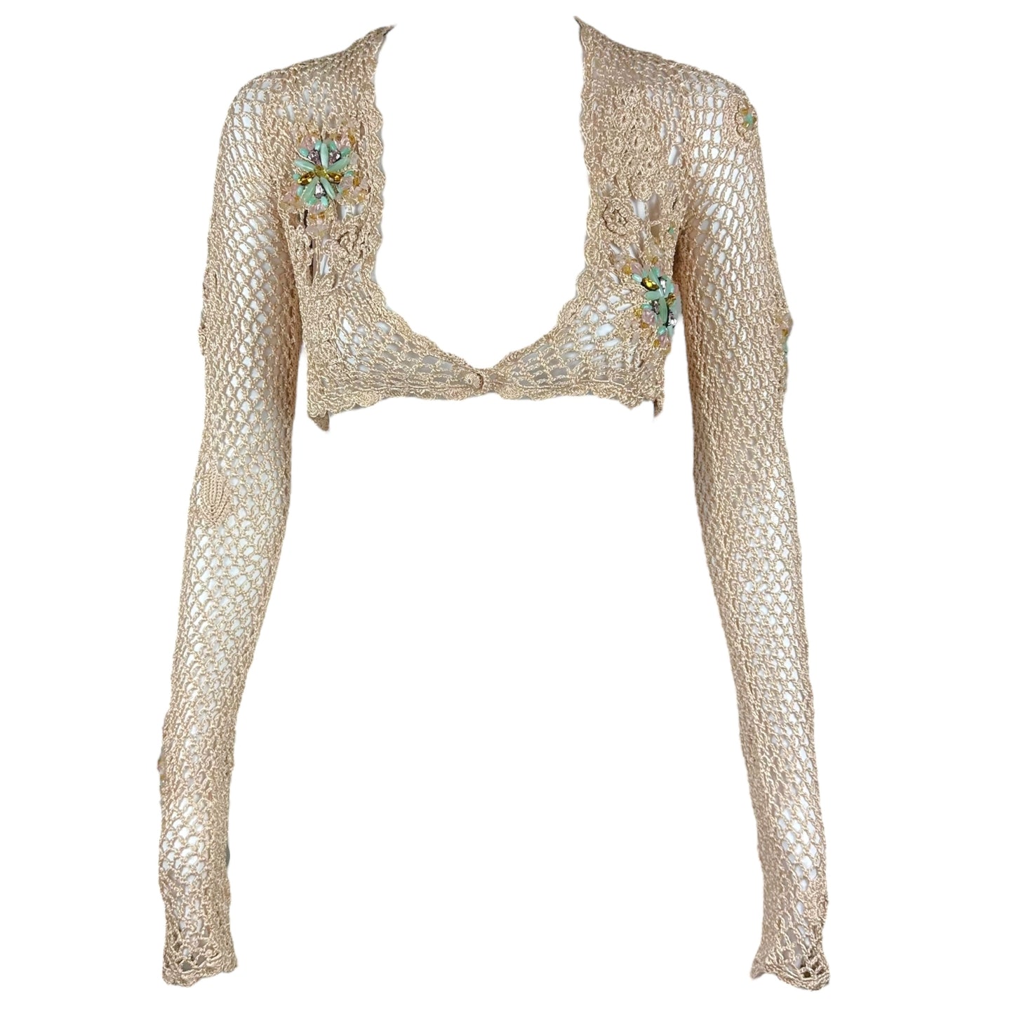 Roberto Cavalli Class Beige Knit Beaded Crop Cardigan Top - Outfit Repeater
