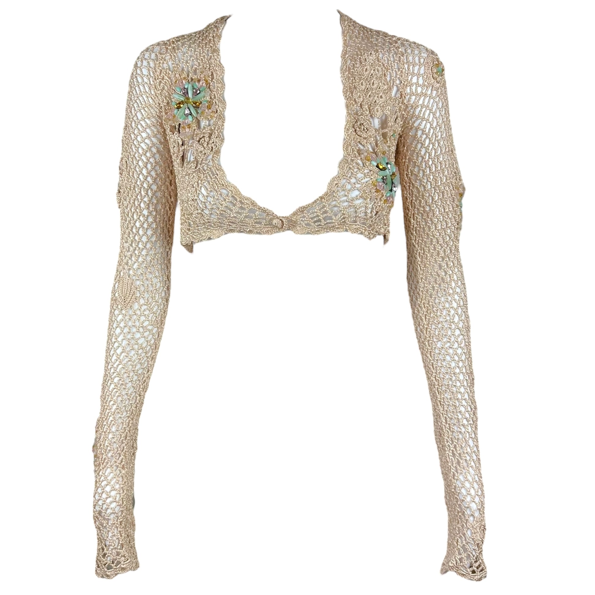Roberto Cavalli Class Beige Knit Beaded Crop Cardigan Top - Outfit Repeater