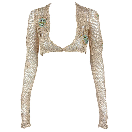 Roberto Cavalli Class Beige Knit Beaded Crop Cardigan Top - Outfit Repeater