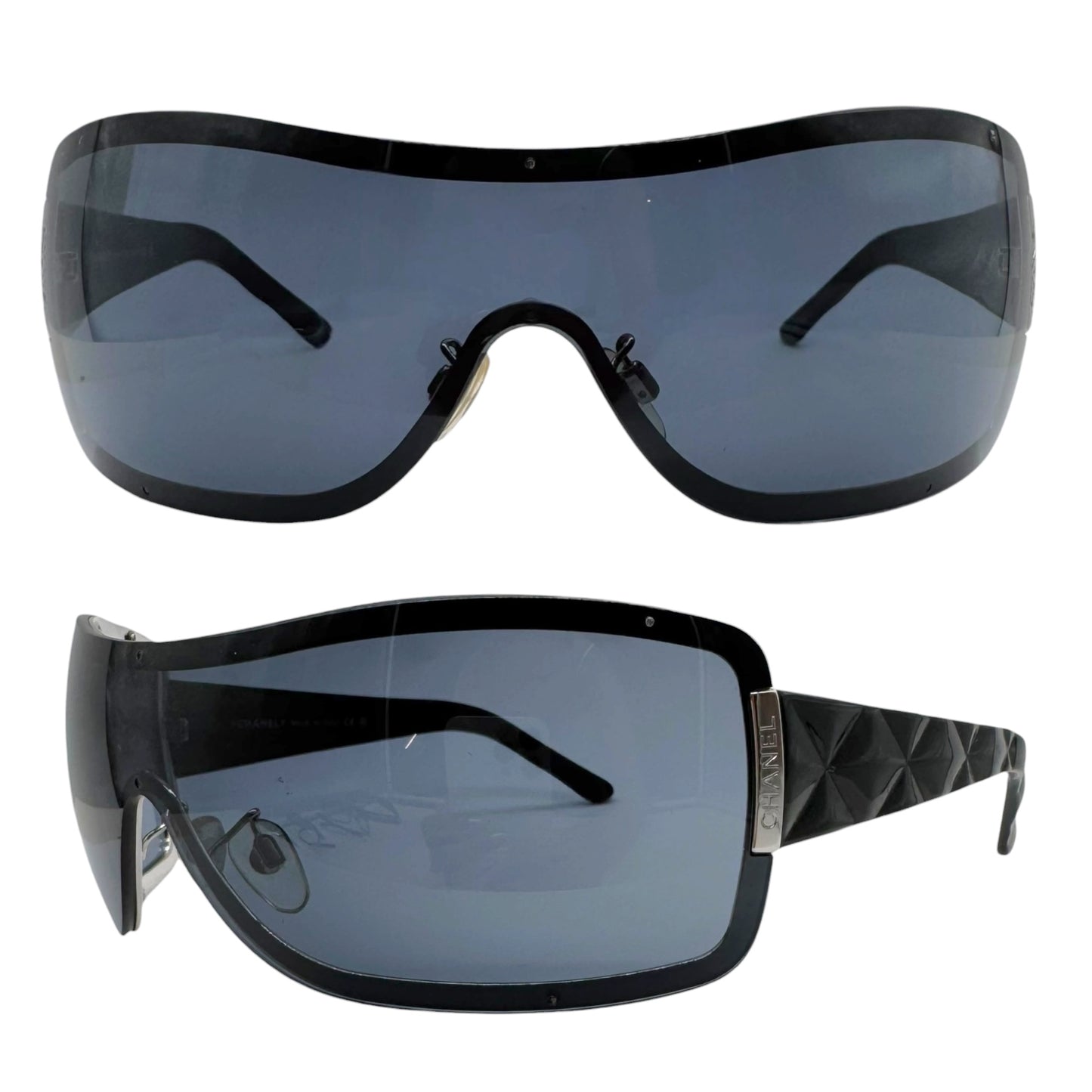 Chanel Black Matelasse Quilted Arm Shield 4126 Sunglasses w/ Case