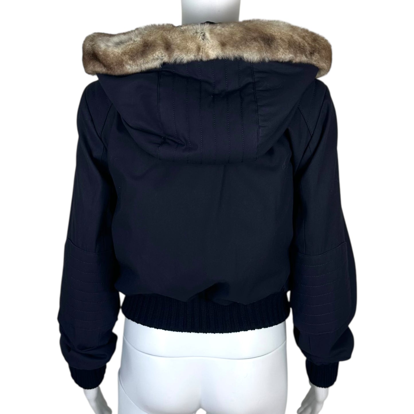 Celine Rabbit Fur Trim Hooded Navy Blue Bomber Jacket