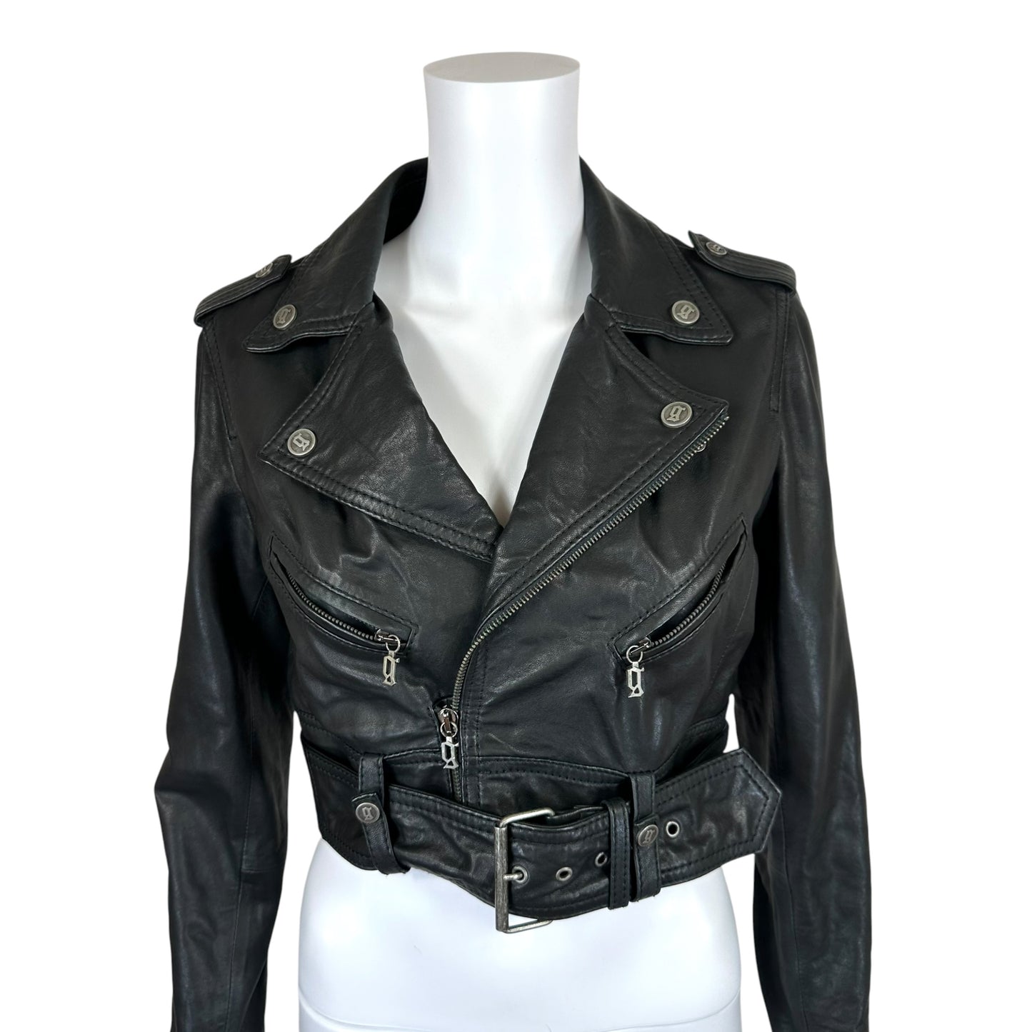 Galliano Black Leather Cropped Moto Jacket