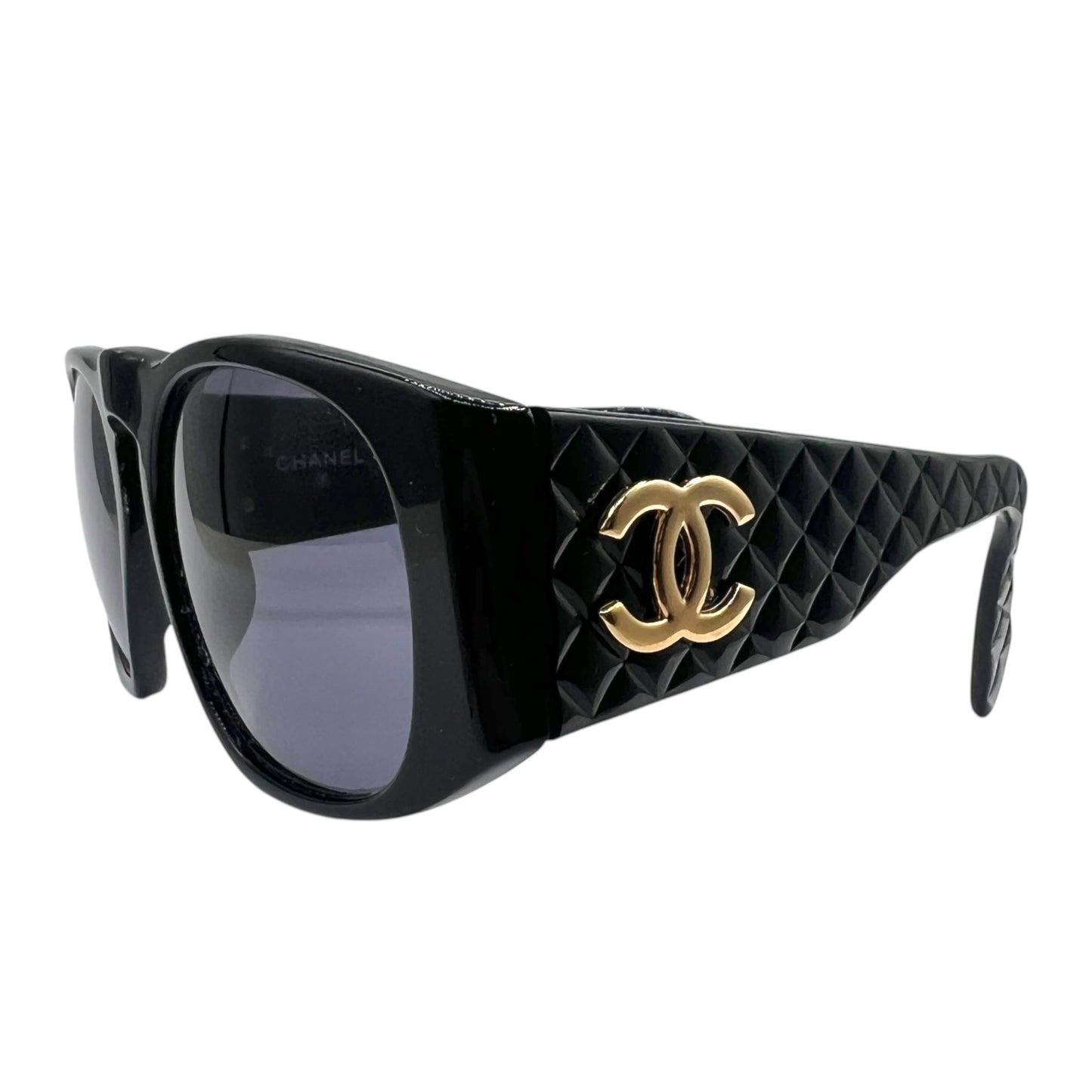 Chanel 01450 90's Black & Gold Matelasse Round Sunglasses w/ Case