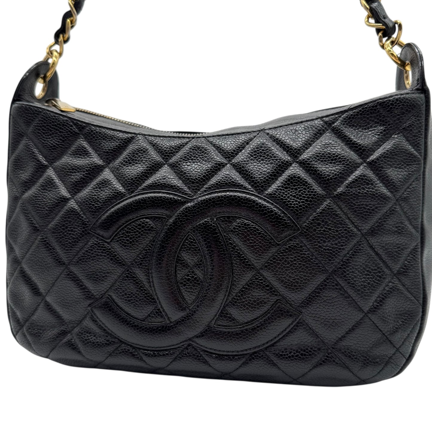 Chanel Black Caviar Leather Matelasse Quilted CC Logo Shoulder Bag 2004-05 - Outfit Repeater