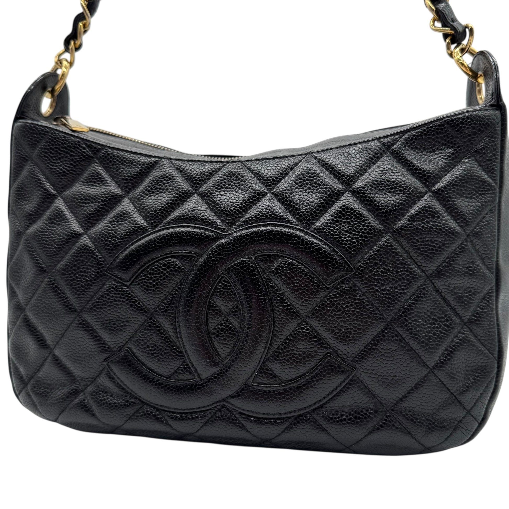 Chanel Black Caviar Leather Matelasse Quilted CC Logo Shoulder Bag 2004-05 - Outfit Repeater