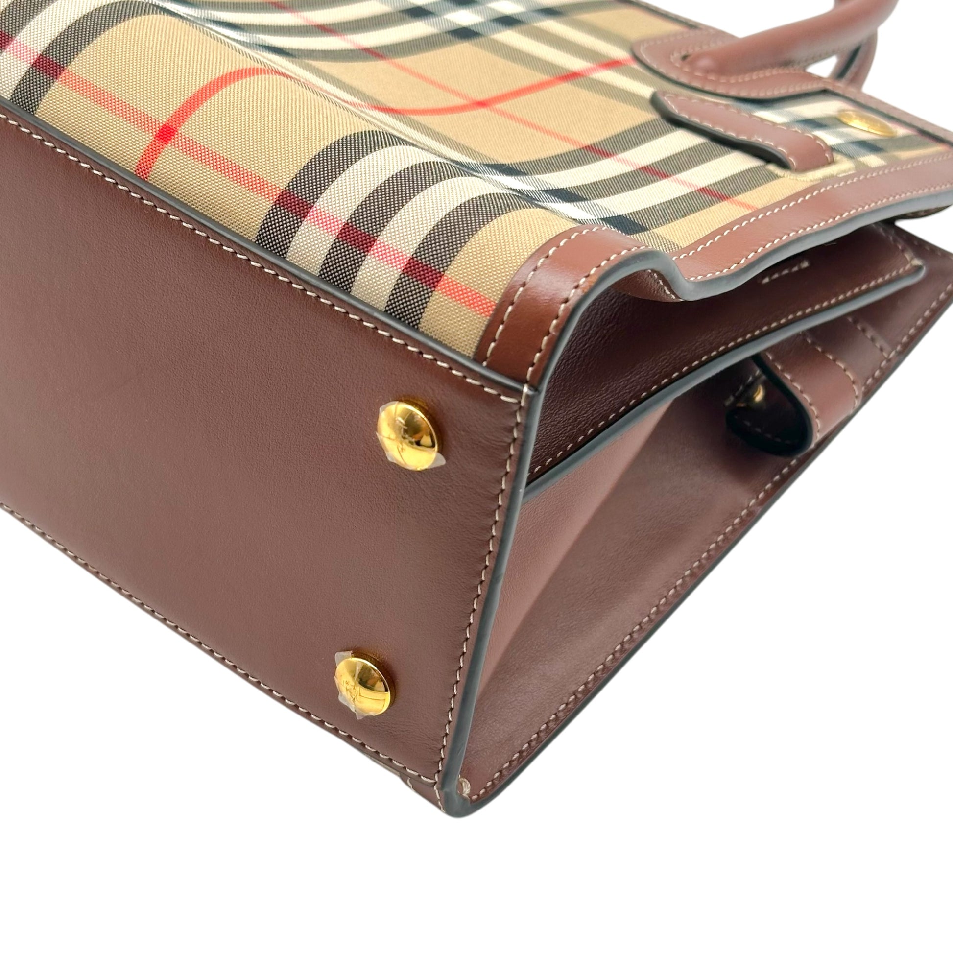 Burberry Top Handle Bag Nova Check Plaid Brown Leather