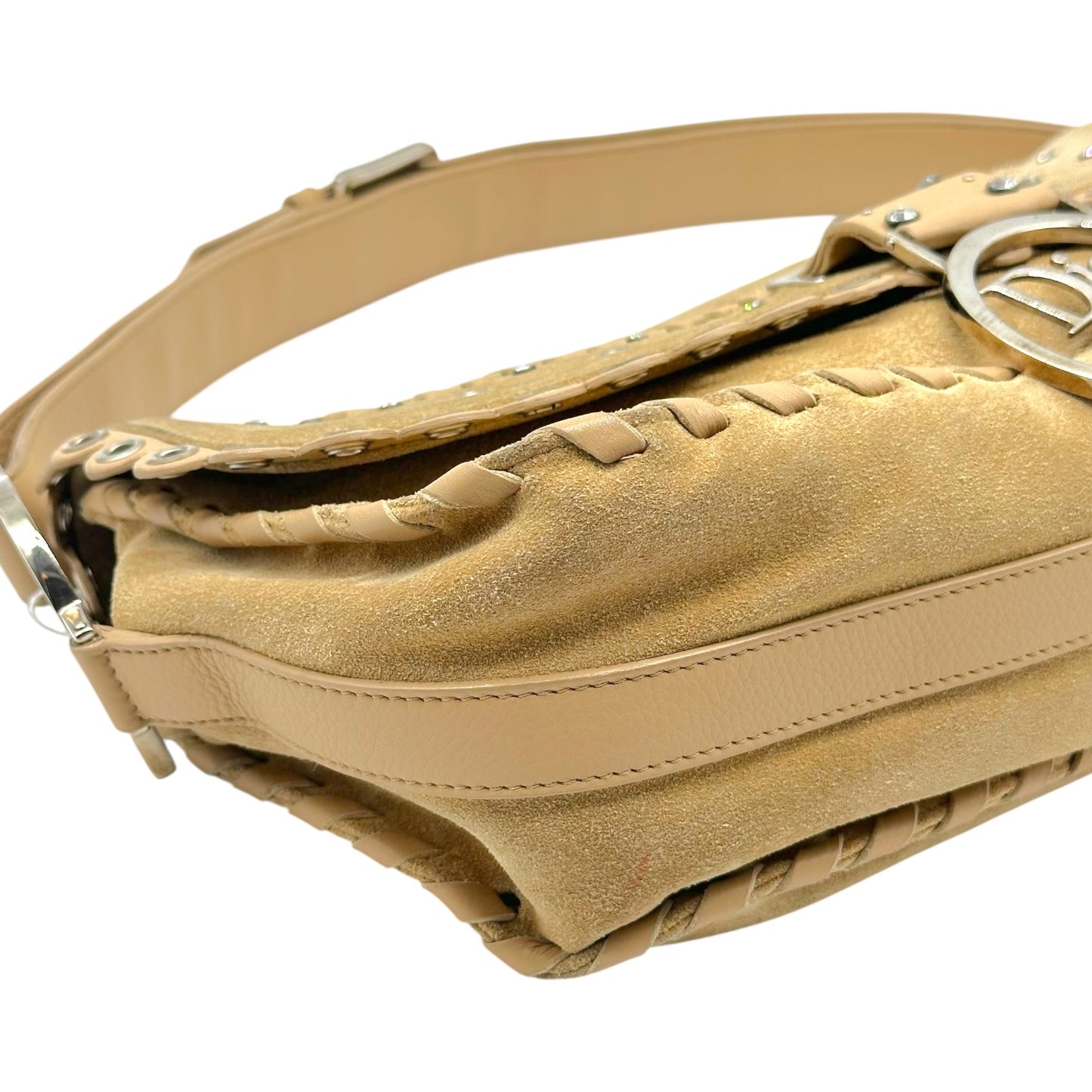 Christian Dior Tan Suede Rhinestone Shoulder Bag