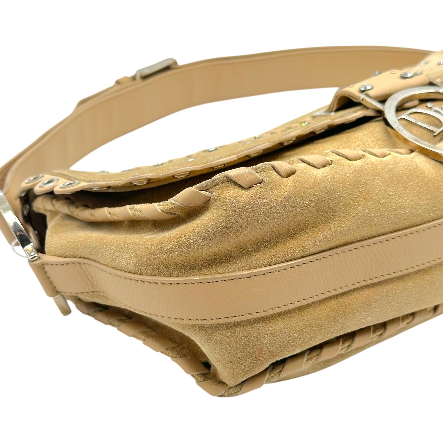 Christian Dior Tan Suede Rhinestone Shoulder Bag