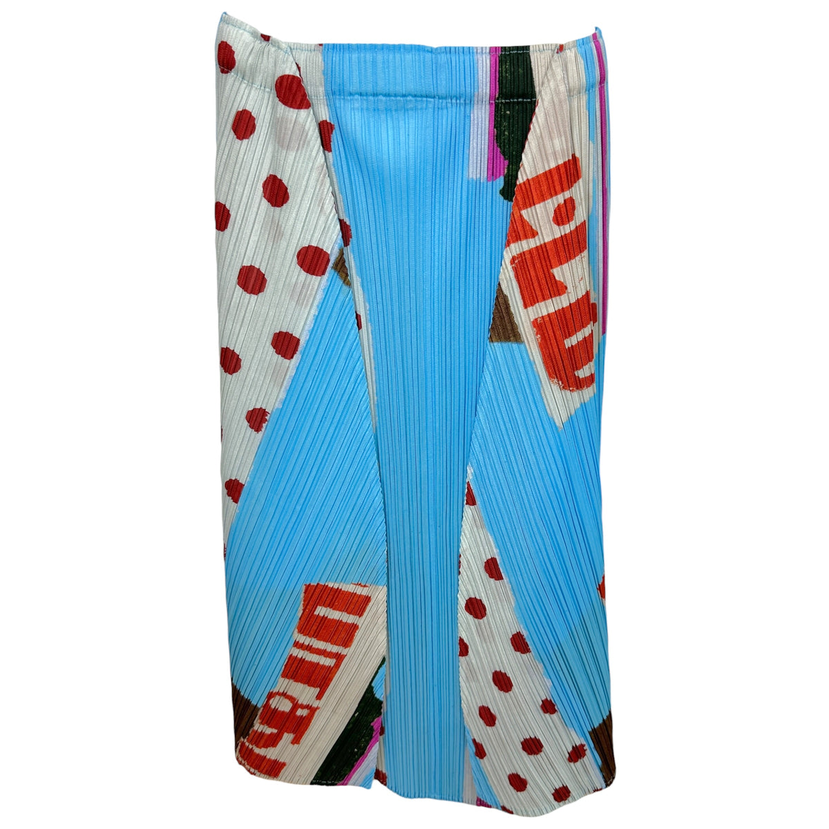 Issey Miyake Pleats Please Light Blue Burgundy Polka Dot Midi Skirt