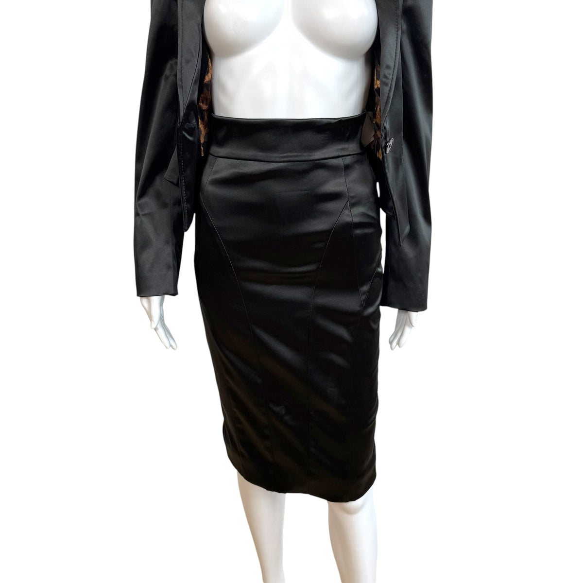 Dolce & Gabbana Black Satin Cropped Blazer Midi Skirt Suit