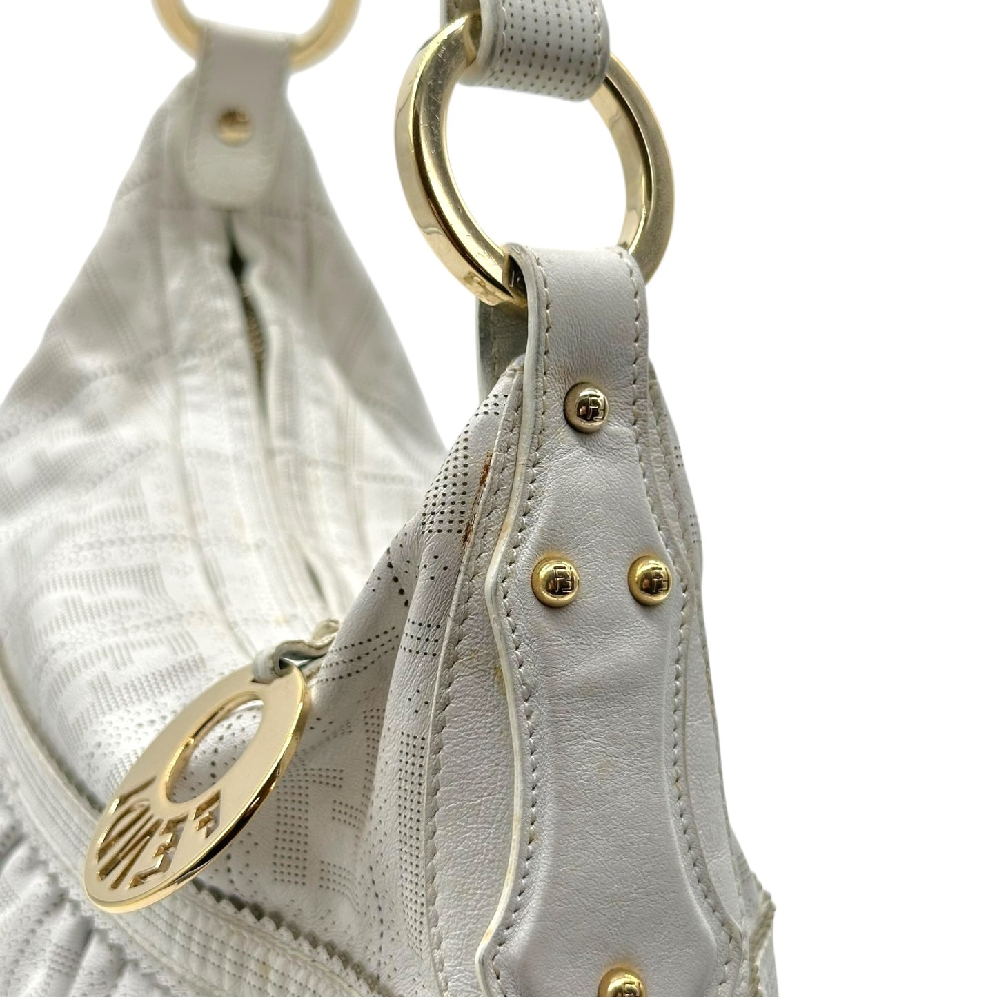 Fendi White Perforated Leather  Zucca Monogram Medium Chef Bag - Outfit Repeater