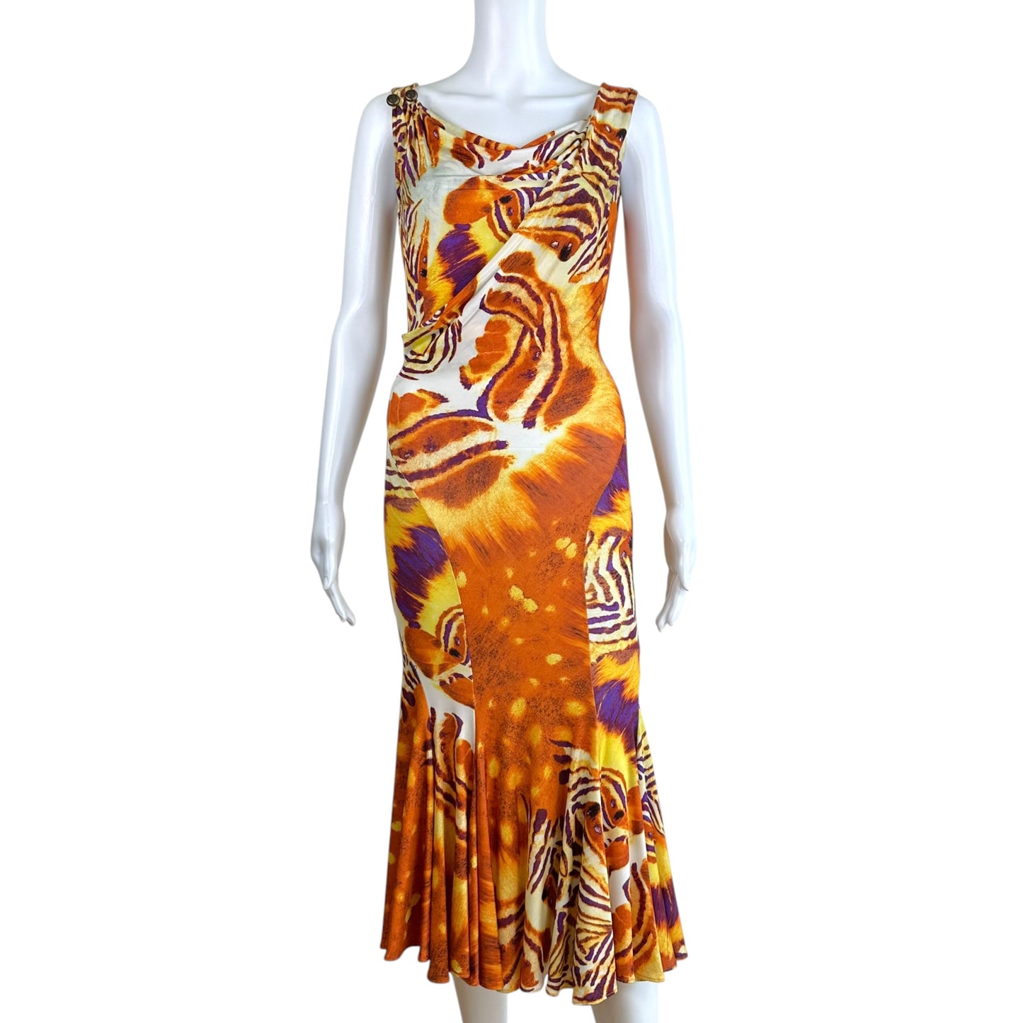 Roberto Cavalli Orange Purple Tiger Print Midi Dress