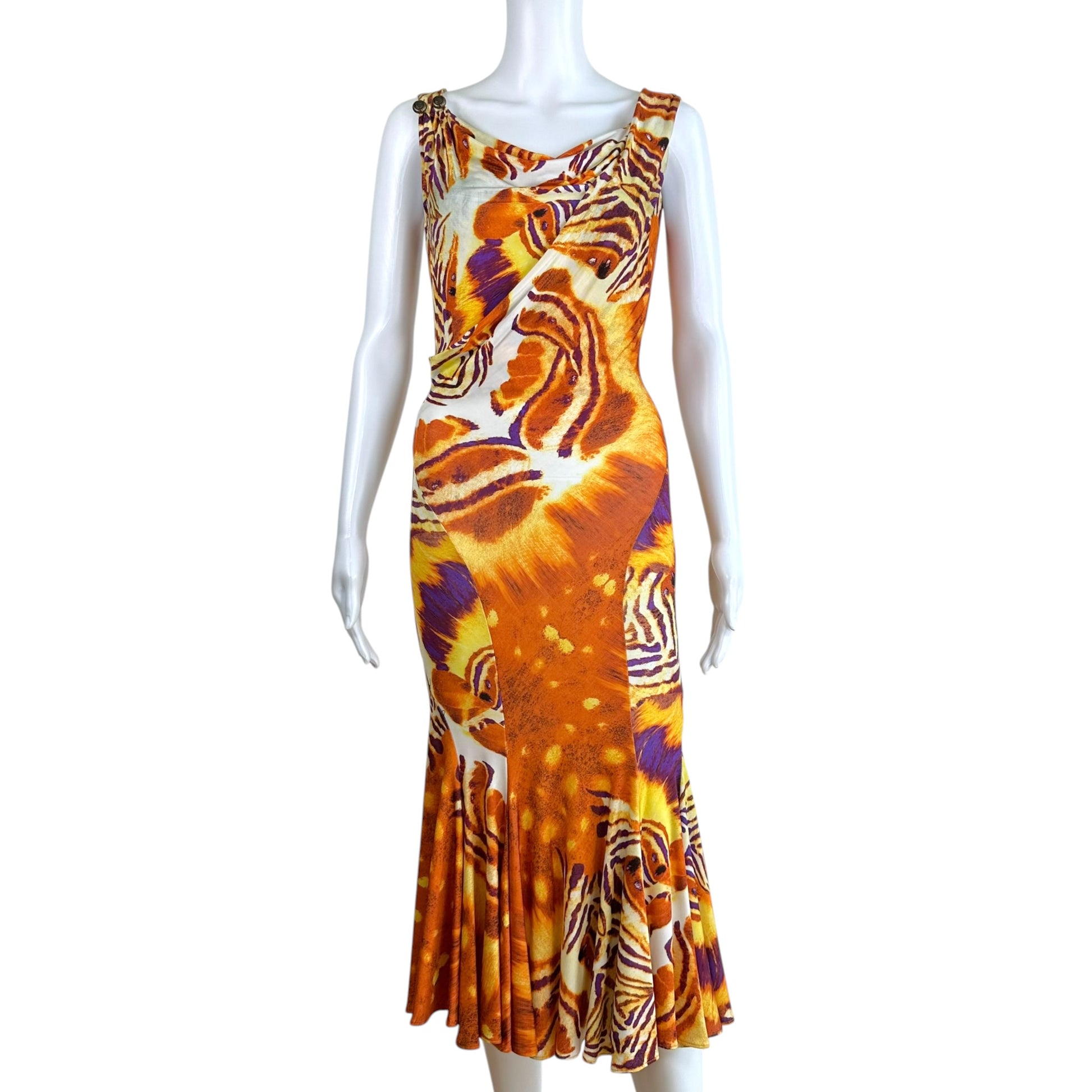 Roberto Cavalli Orange Purple Tiger Print Midi Dress