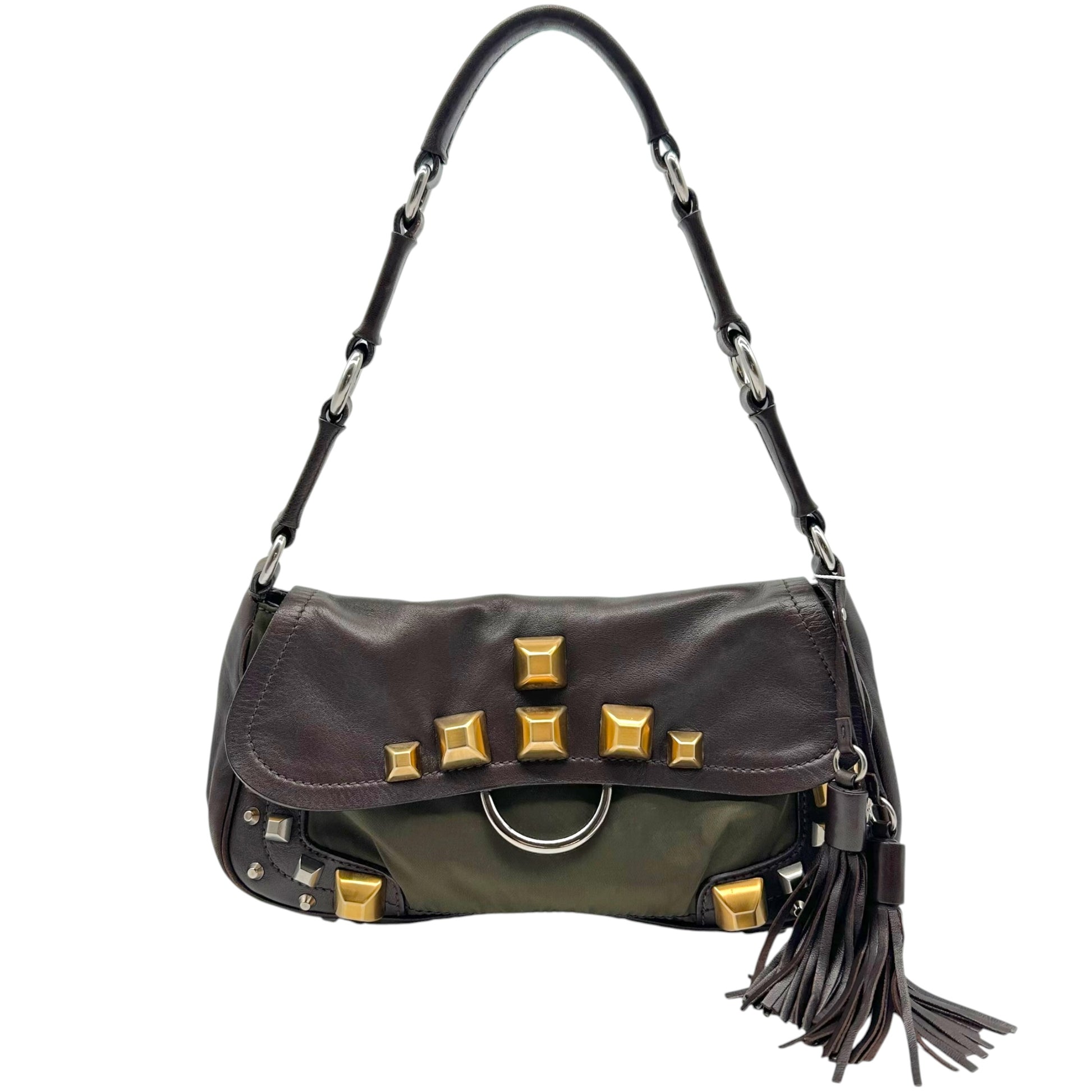 Prada Brown Leather Canvas Studded Shoulder Bag
