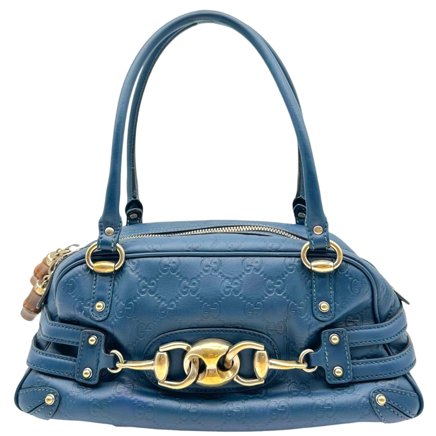Gucci Navy Blue & Gold Bamboo Guccissima Monogram East-West Shoulder Bag