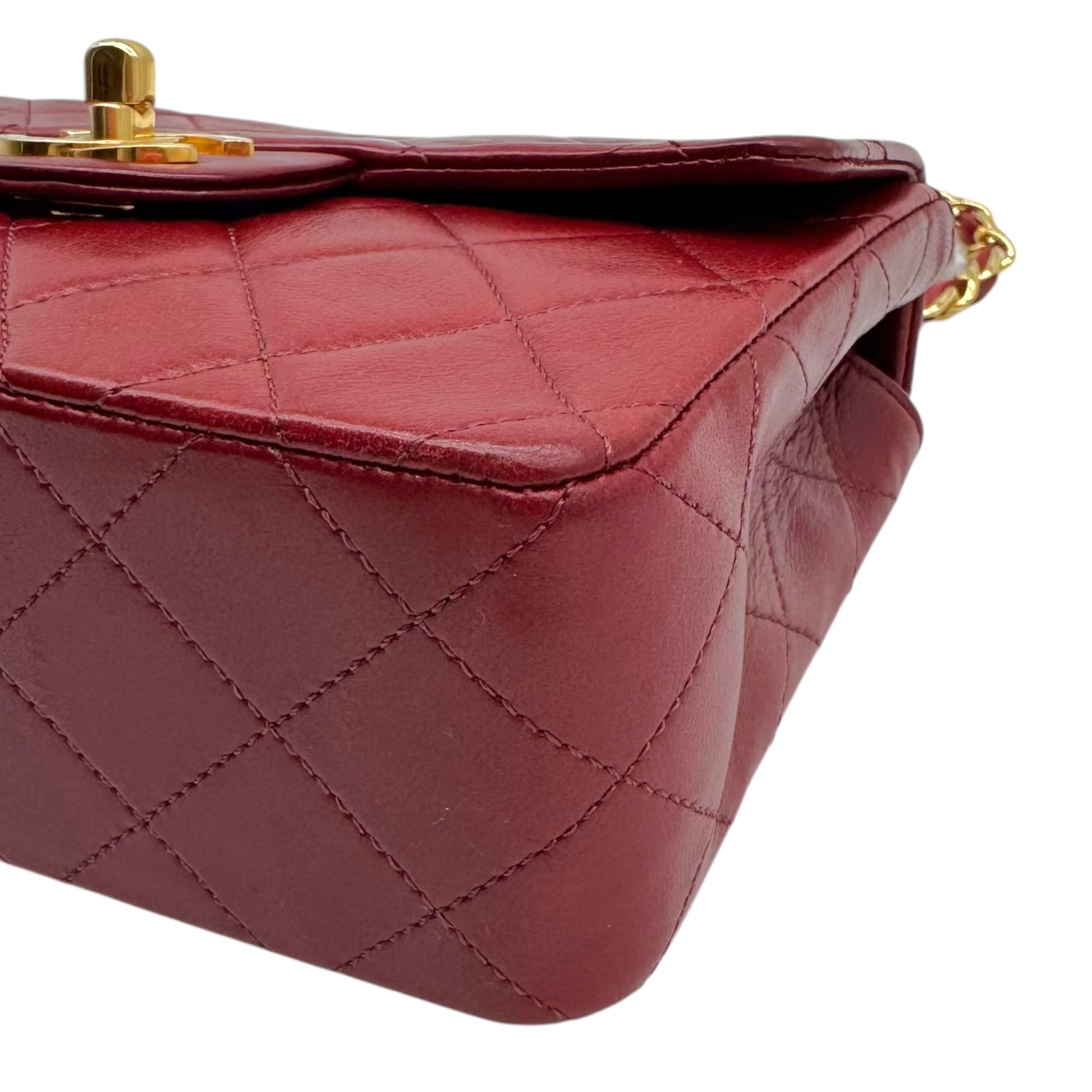 Chanel Small Square Classic Flap Bag Burgundy Gold Leather