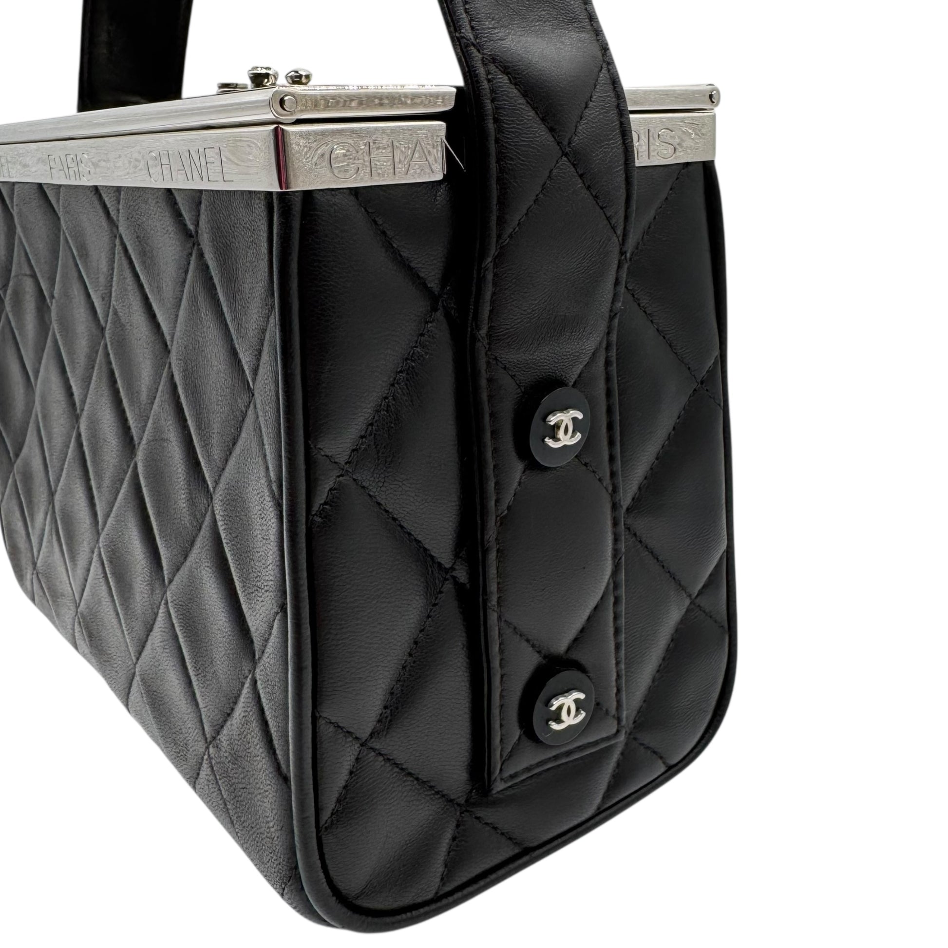 Chanel Black Matelasse Quilted Lambskin Metal Trim Vanity Bag 1996-97 - Outfit Repeater