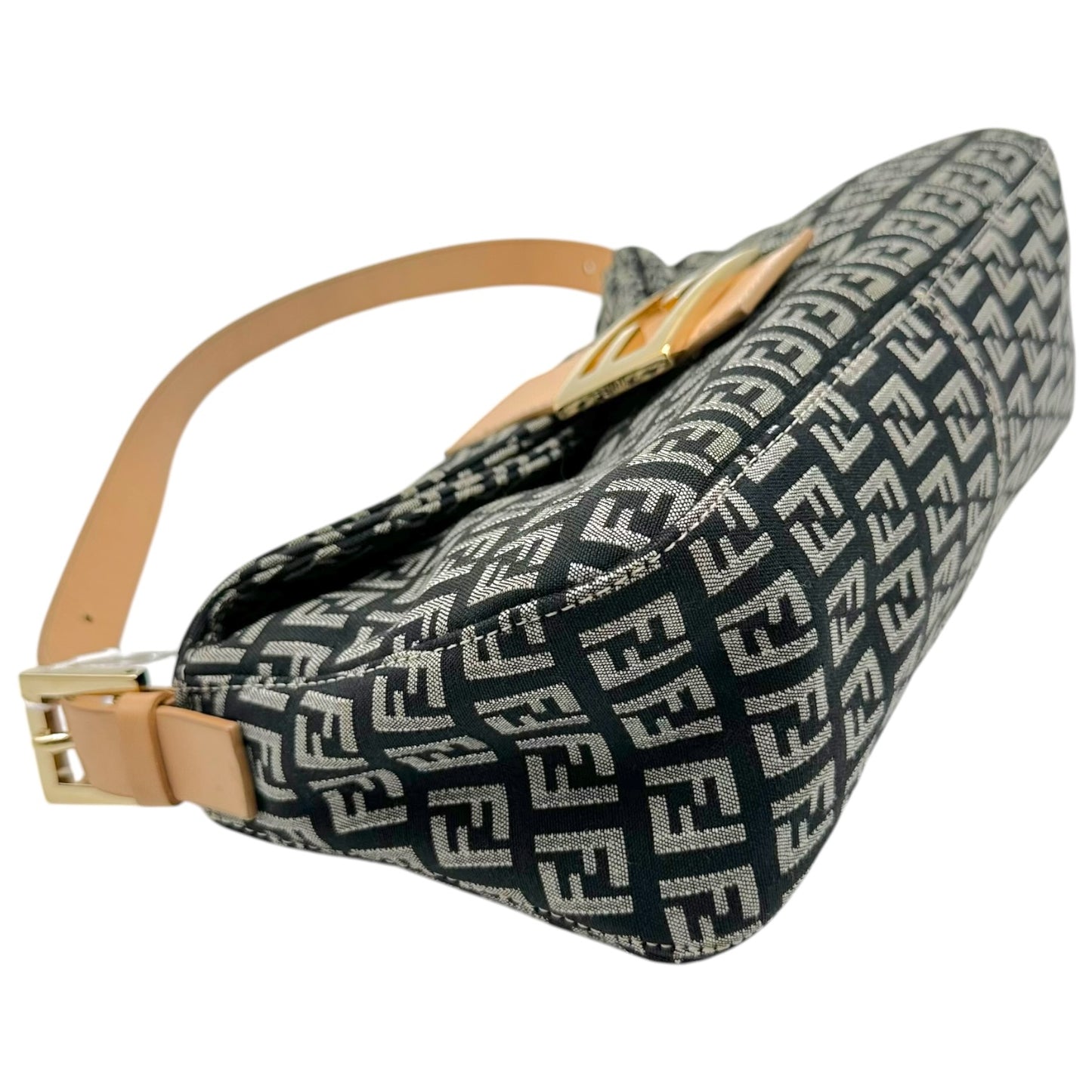 Fendi Fold-Over Baguette Bag Black Beige Zucchino Monogram