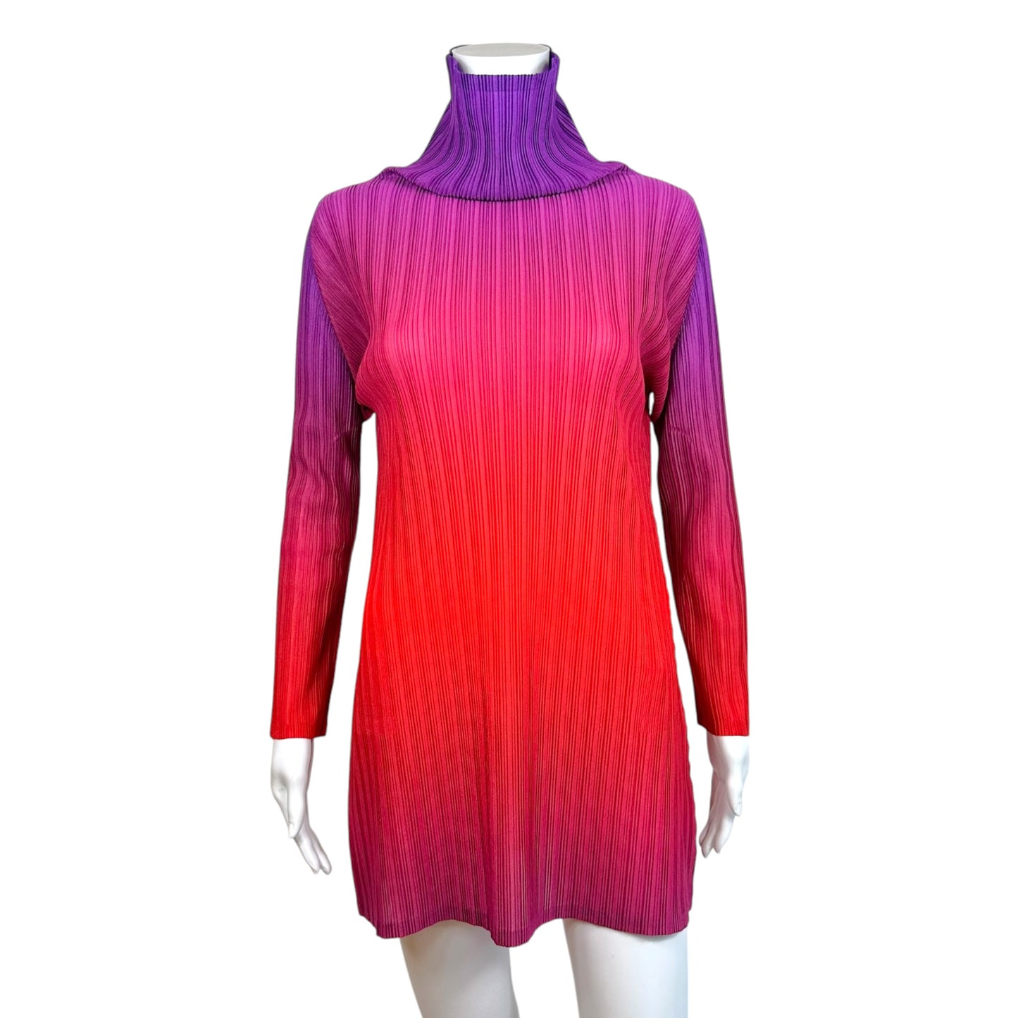 Issey Miyake Pleats Please Ombre Purple & Red Mock Neck Mini Dress