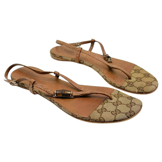 Gucci Tan Monogram Leather Bamboo Flip Flops Size 38.5