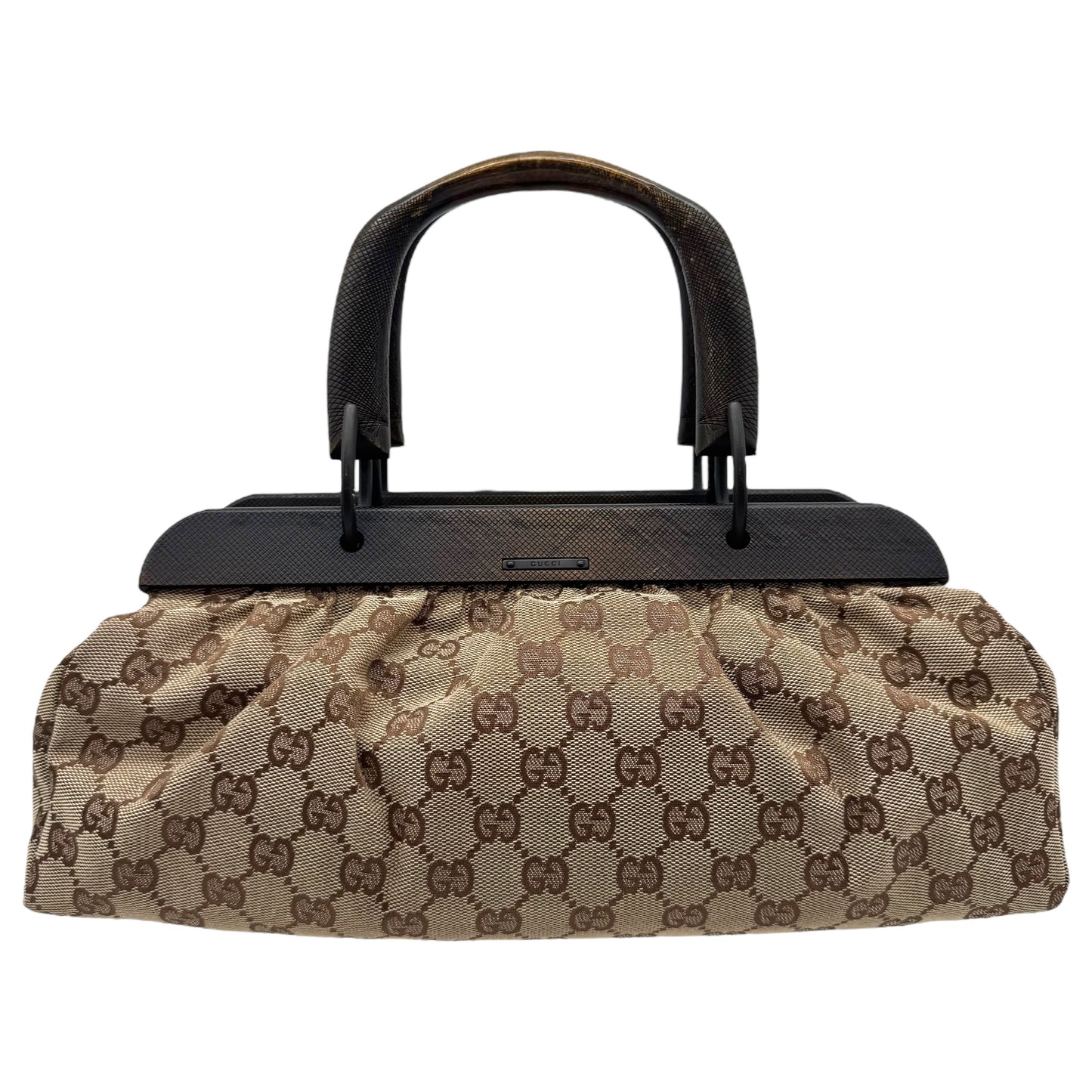 Gucci East-West Bag Tan Monogram Canvas Wooden Frame