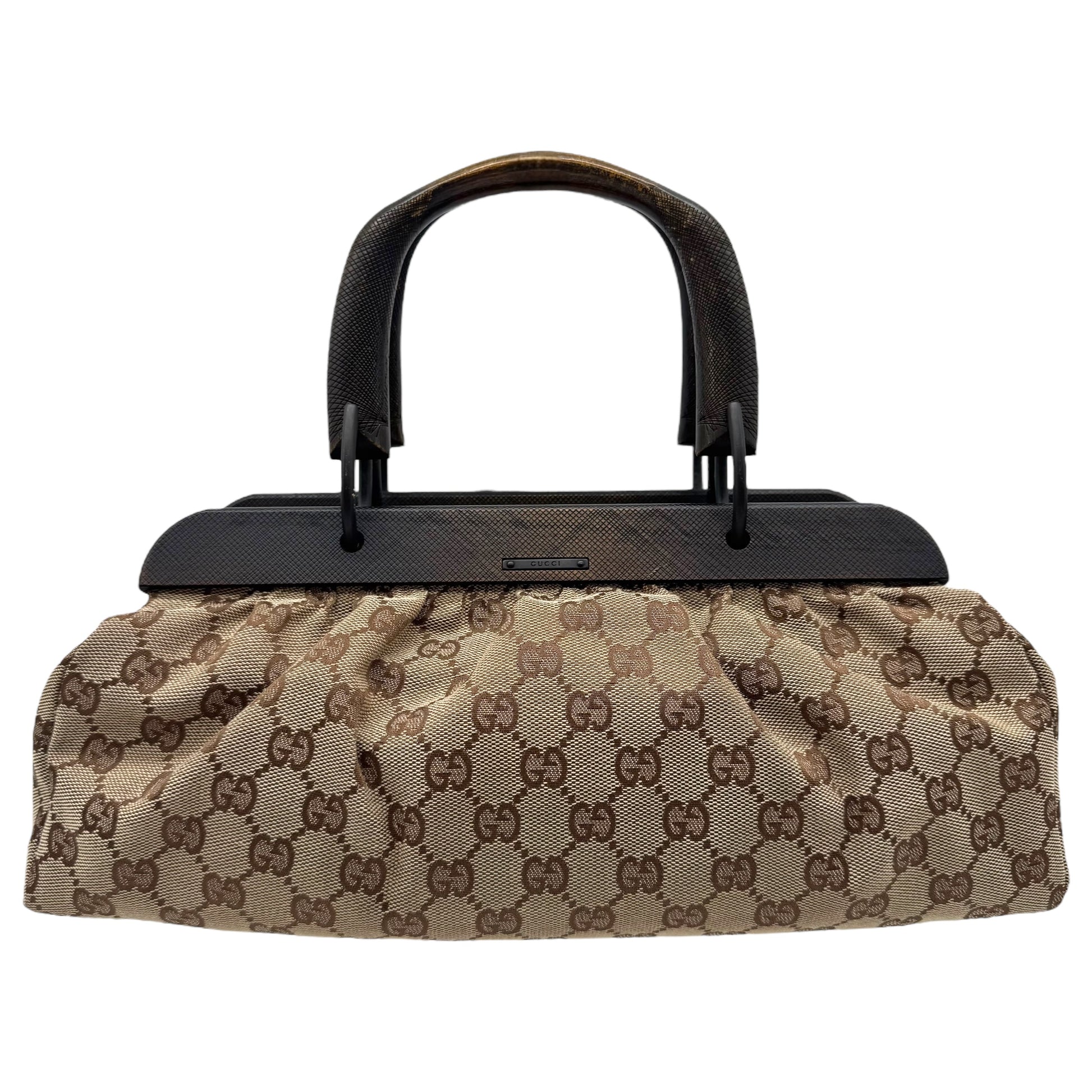 Gucci East-West Bag Tan Monogram Canvas Wooden Frame