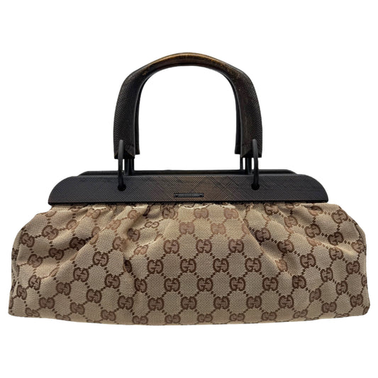 Gucci East-West Bag Tan Monogram Canvas Wooden Frame