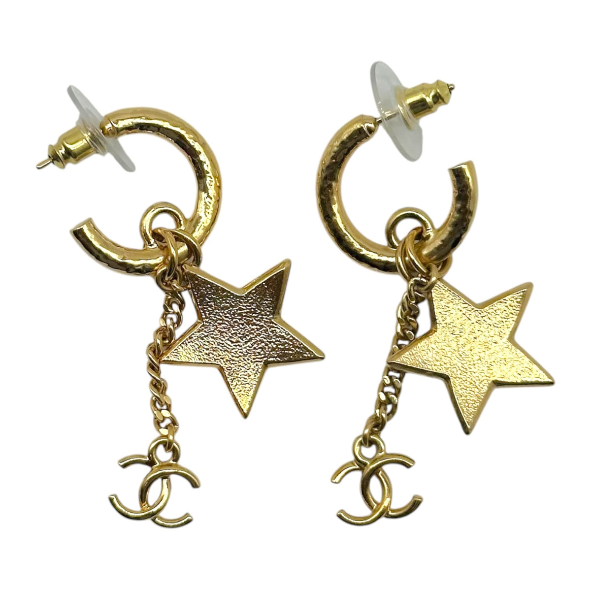 Chanel Cruise 2024 Gold CC Logo Charm & Glitter Star Dangly Hoop Earrings
