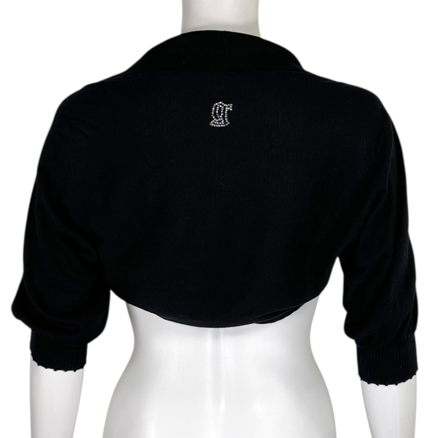 Galliano Black Silk Knit Rhinestone Logo 1/2 Sleeve Bolero