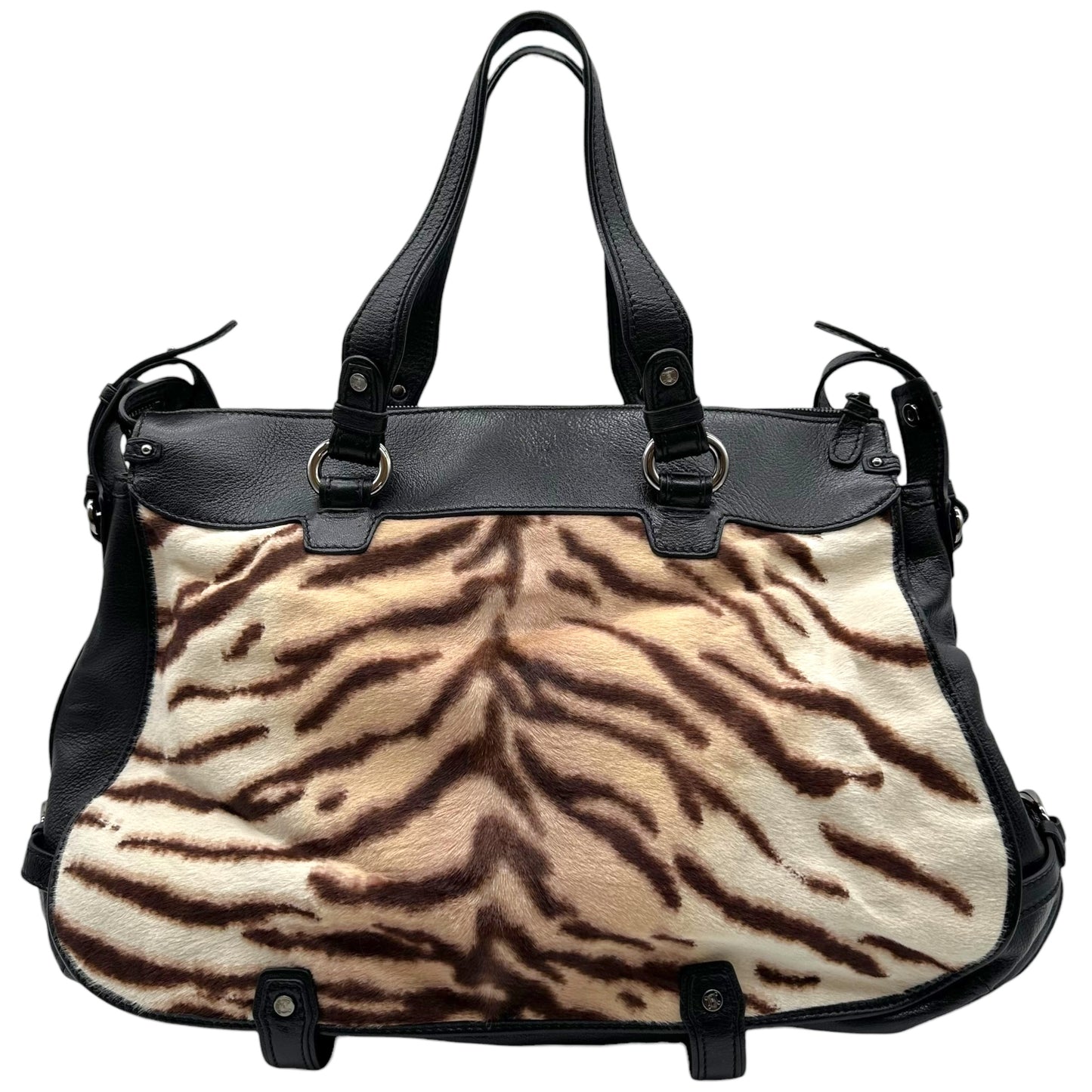 Celine Zebra Print Ponyhair & Black Leather 2-Way Tote Bag