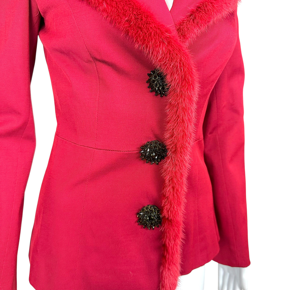 Blumarine Red Mini Jacket Fur Trim Crystal Buttons