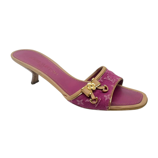Louis Vuitton Pink Denim Monogram Kitten Heel Mule Sandals