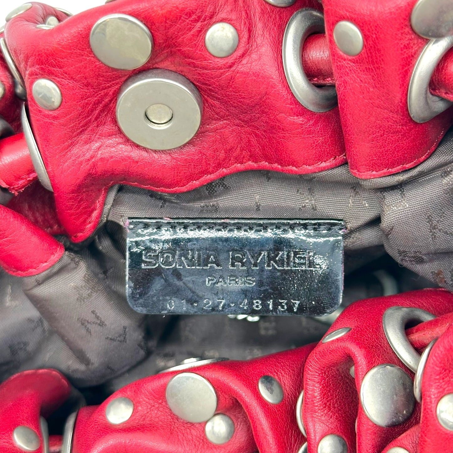 Sonia Rykiel Red Leather & Silver Studded Domino Bag