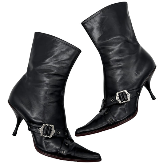 Christian Dior Black Leather Heeled Buckle Boots