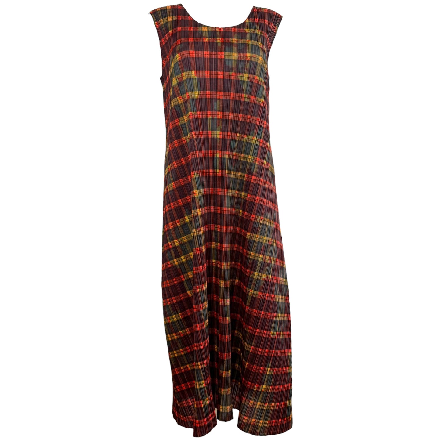 Issey Miyake Pleats Please Tartan Plaid Printed Maxi Dress Sz 2