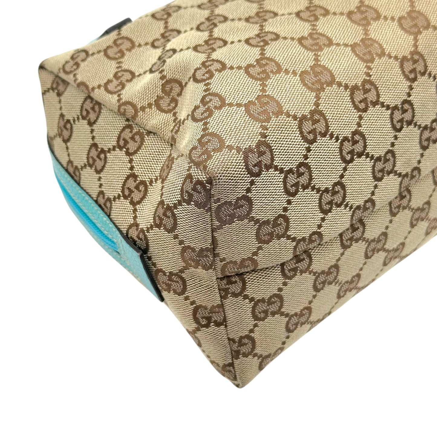 Gucci Tan Monogram & Turquoise Top Handle Pochette Bag