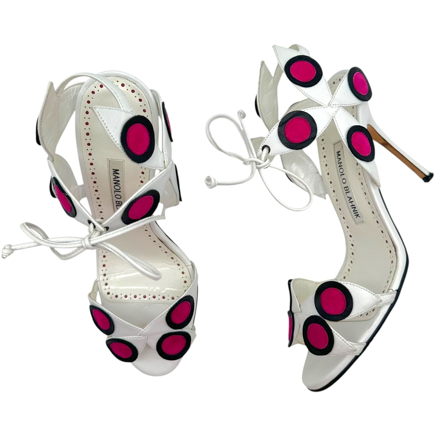 Manolo Blahnik White & Pink Leather Polka Dot Applique Strappy Heeled Sandals