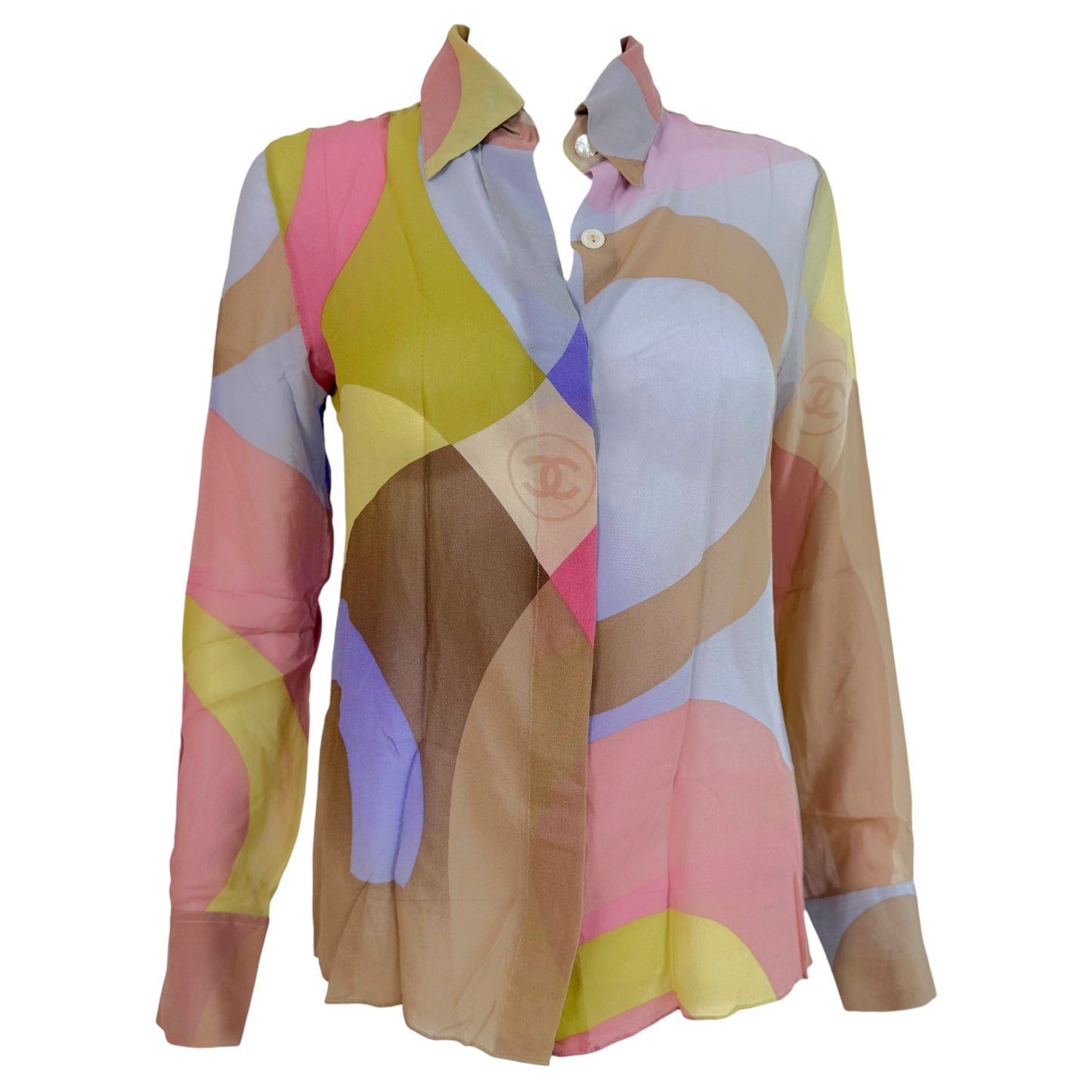 Chanel Cruise 2001 Pastel Multicolor Silk Logo Blouse