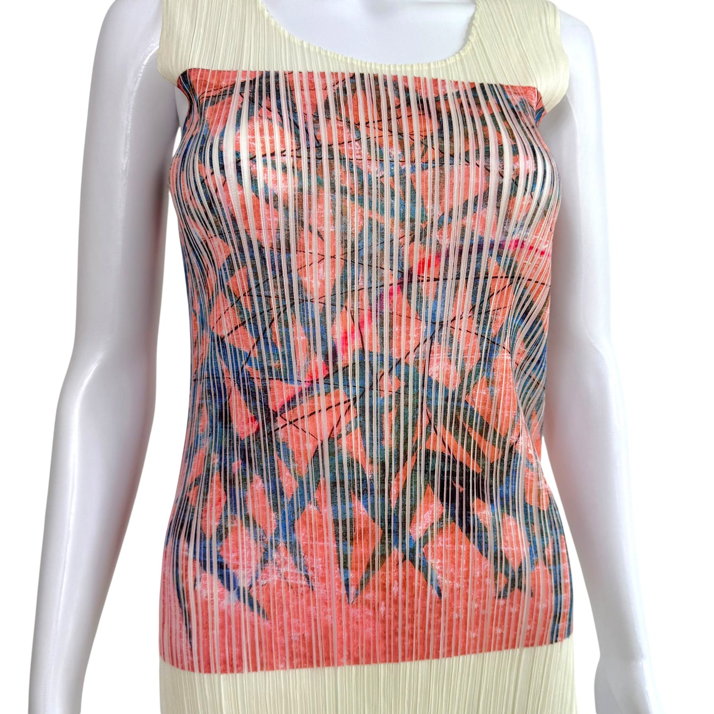 Issey Miyake Pleats Please Ivory Bamboo & Art Print Pleated Tunic Top Sz 3 NEW