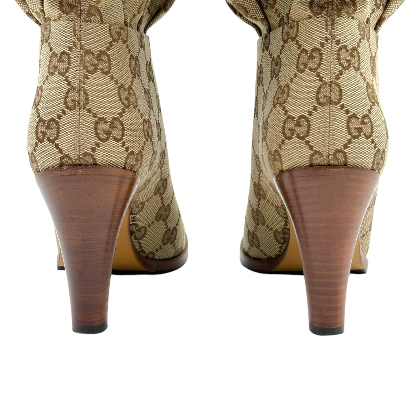 Gucci Tan Monogram Knee High Heeled Boots