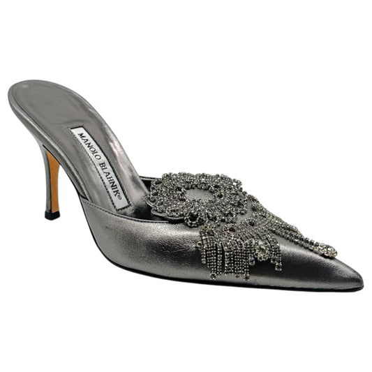 Manolo Blahnik Silver Leather Crystal Mule Heels