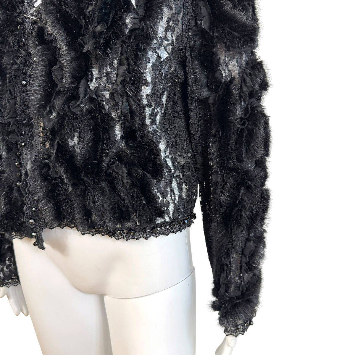Beaded Black Lace Mink Fur Jacket 1990s Vintage Medium