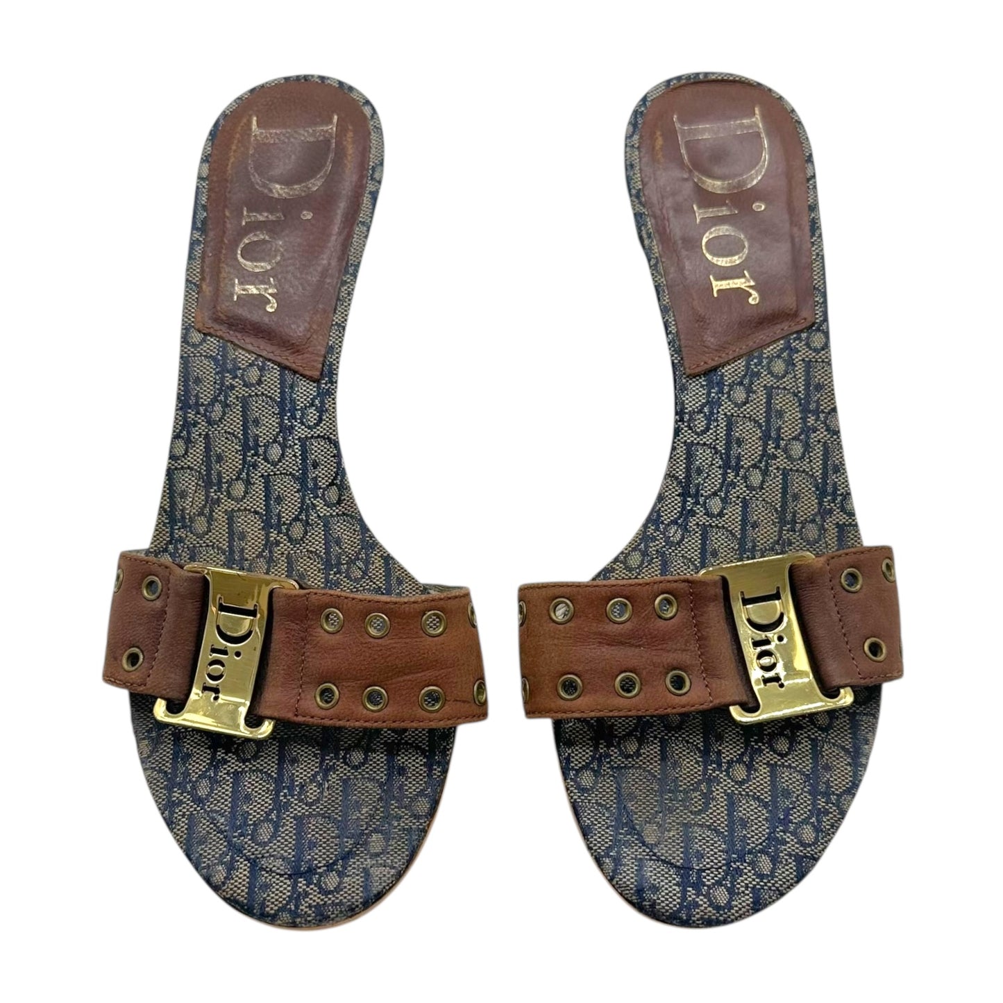 Christian Dior Street Chic Brown & Blue Logo Kitten Heel Mules