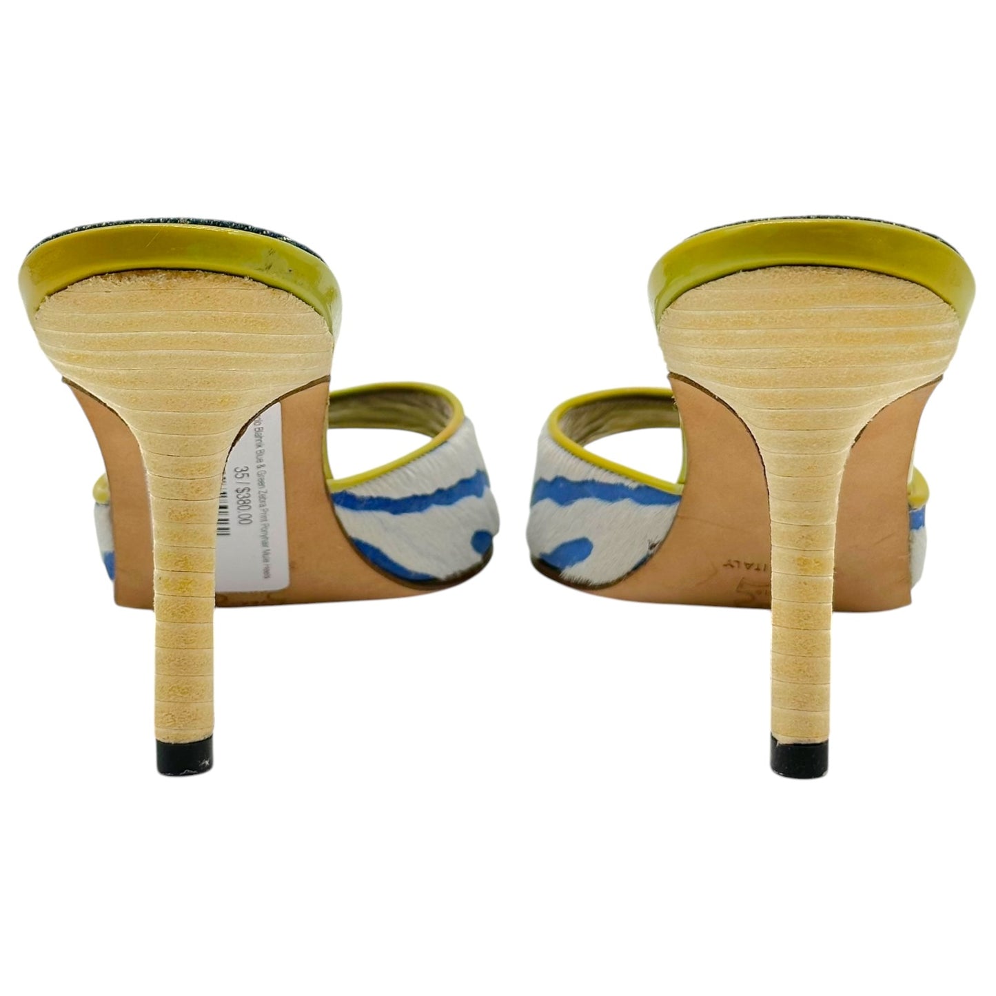 Manolo Blahnik Blue & Green Zebra Print Ponyhair Mule Heels