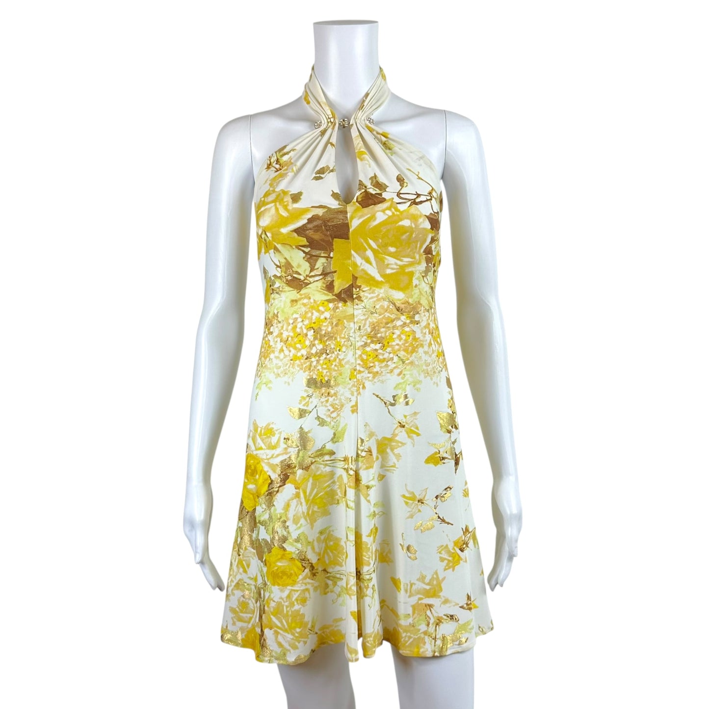 Roberto Cavalli Halter Mini Dress Yellow Gold Floral Print