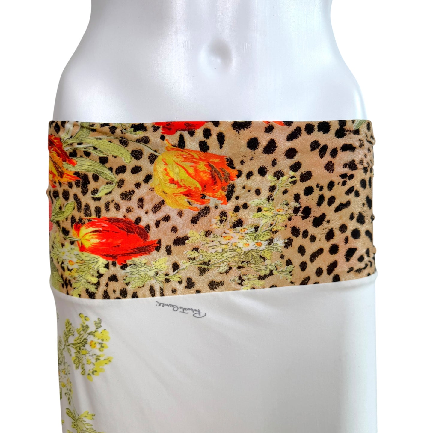 Roberto Cavalli White Leopard & Rose Floral Print Fold-Over Midi Skirt