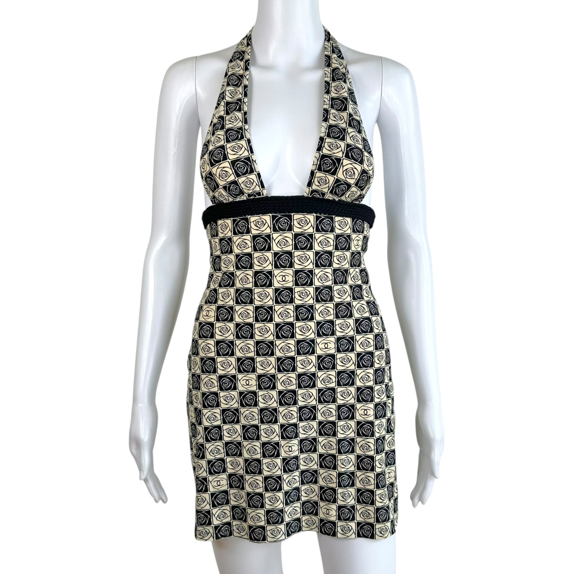 Chanel Halter Mini Dress Black Beige Camellia Print