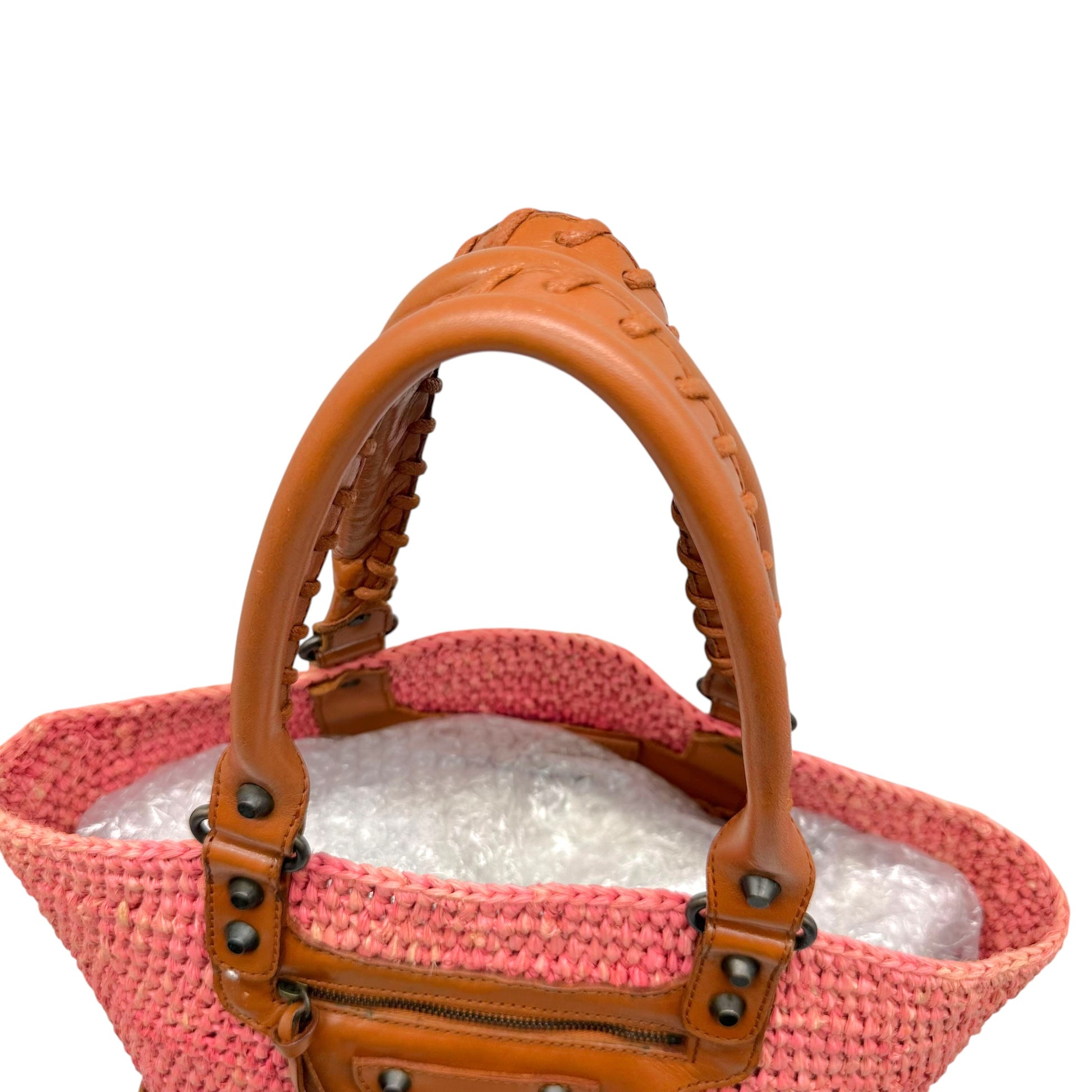 Balenciaga Small City Beach Bag Coral Pink Raffia Leather