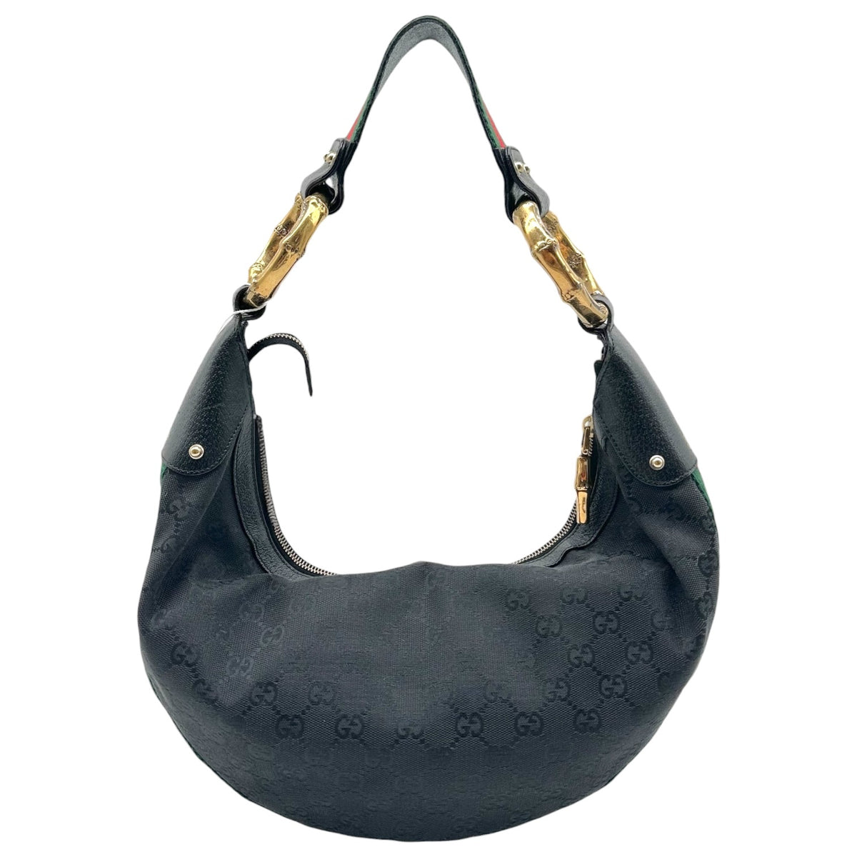 Gucci Black Monogram & Gold Bamboo Web Stripe Crescent Shoulder Bag