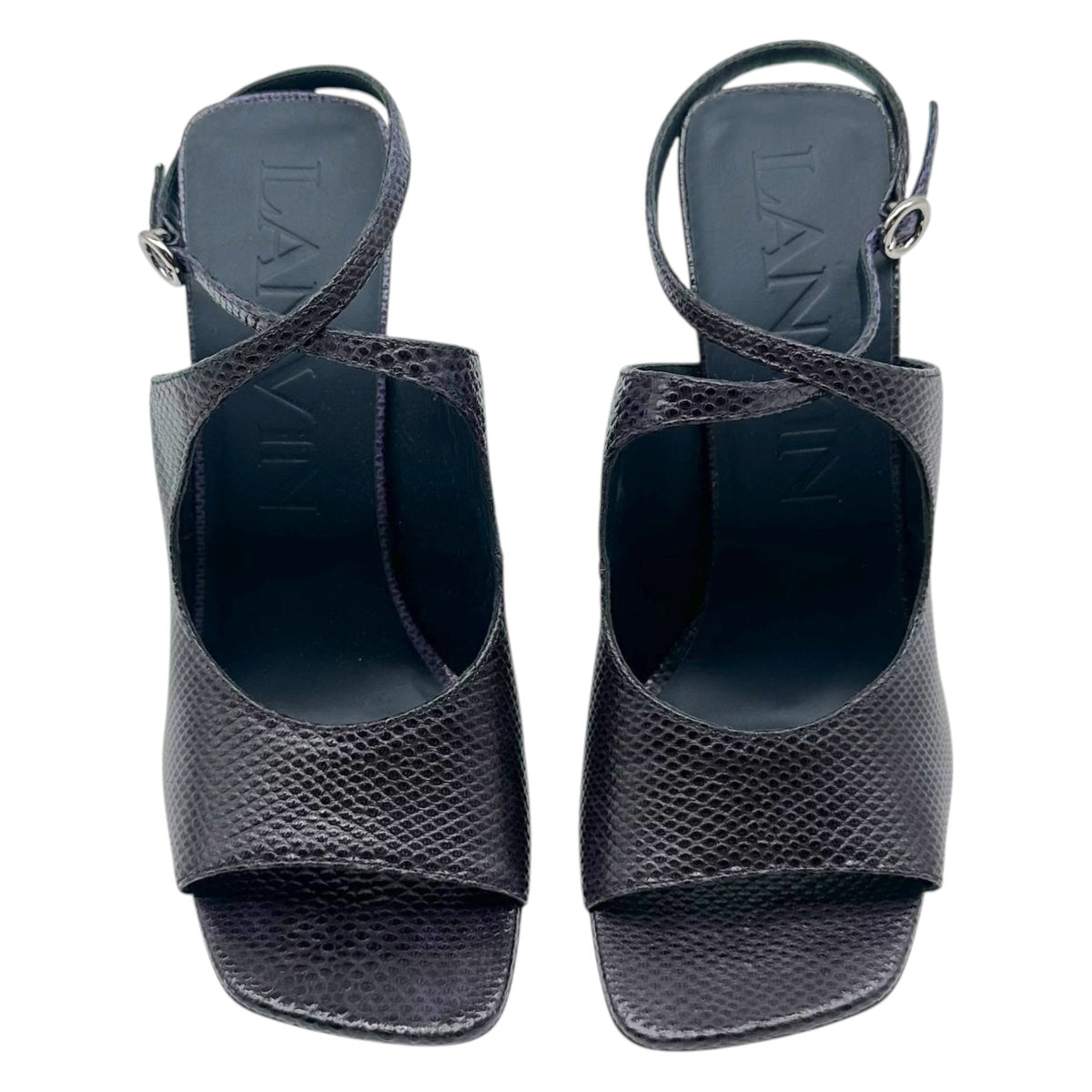 Lanvin Deep Purple Lizard Skin Square Toe Sandal Heels NEW